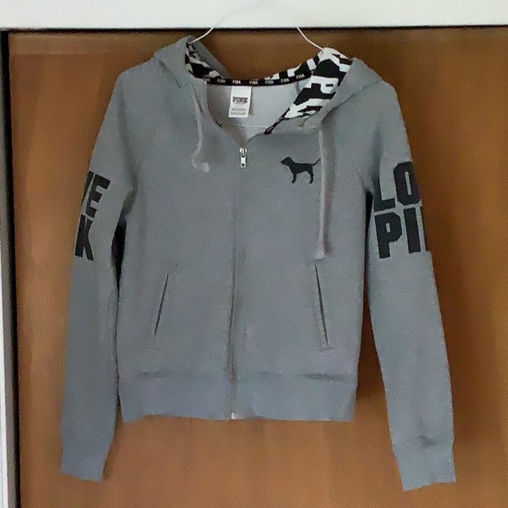 PINK Zipper Up Hooded Sweatshirt in Gray Size Small
